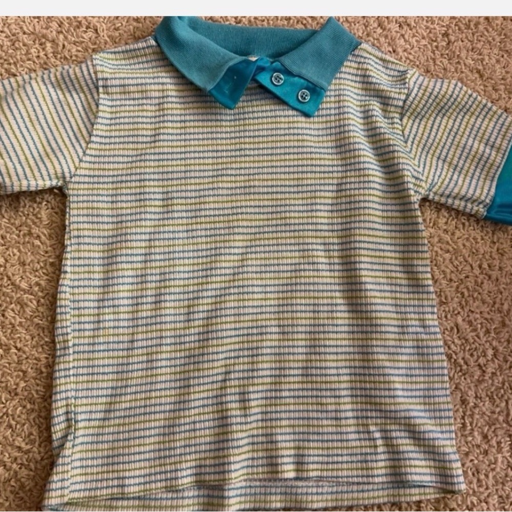 Vintage Buster Brown Striped Kids Polo Shirt - Blue and White and Green youth 6